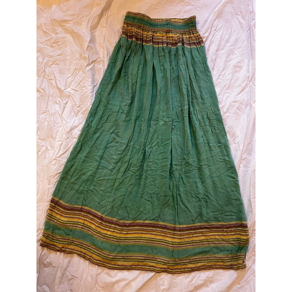 Woven Green Boho Maxi Summer Skirt Striped Trim Festival sz S